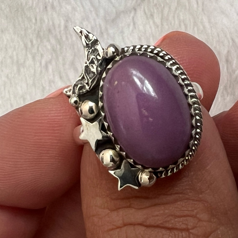 925 silver moon & stars ring with purple lepidolite stone ring size 6 1/2 - Picture 1 of 7